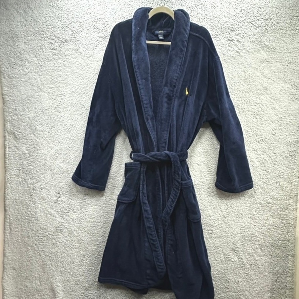 Polo Ralph Lauren Men's L/XL Navy Blue Plush Fleece Shawl Collar Robe Comfort